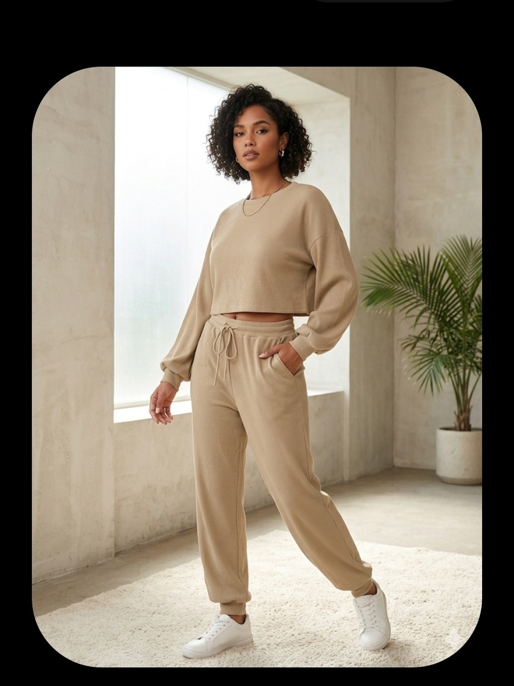 NEW! Cropped Beige Lounge Sweatshirt & Jogger Set - Women's SIZE Medium
